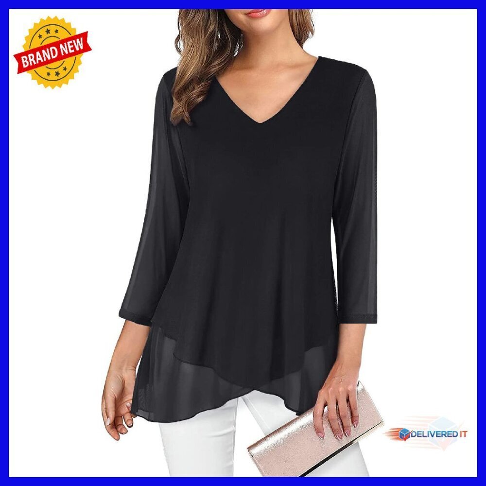 Lightweight Mesh Tunic Top 3/4 Sleeve Asymmetric Hem Blouse